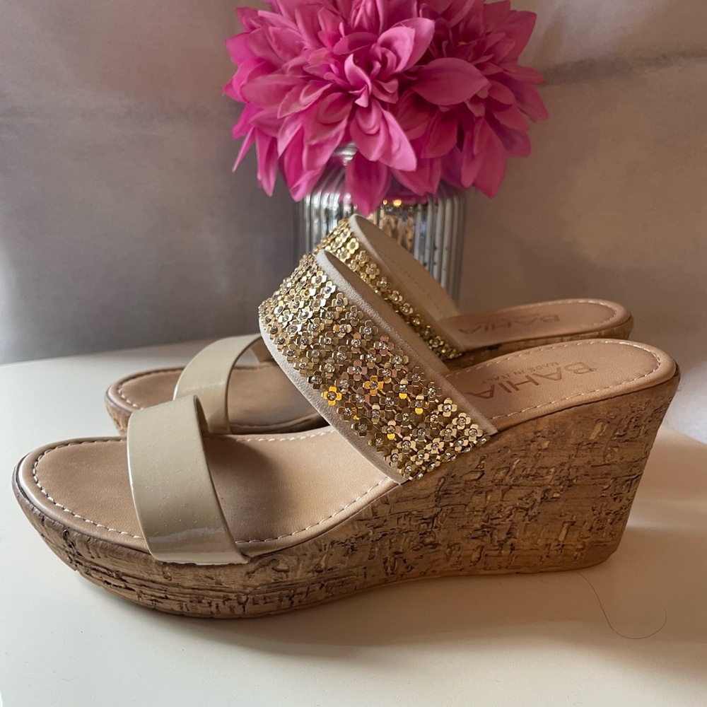 Beige and Gold Wedge Sandals